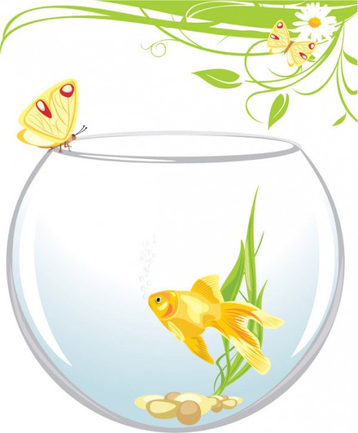 Goldfish in fishbowl and butterfly stopping on bowl border vector material -4