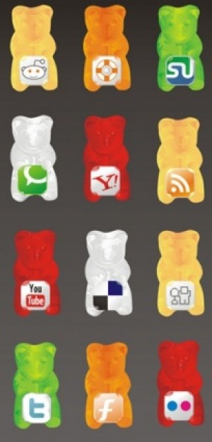 gummy social icon set in teddy bear figure with gray background