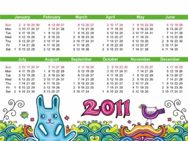 Lovely hand-drawn calendar 2011 with rabbit and bird
