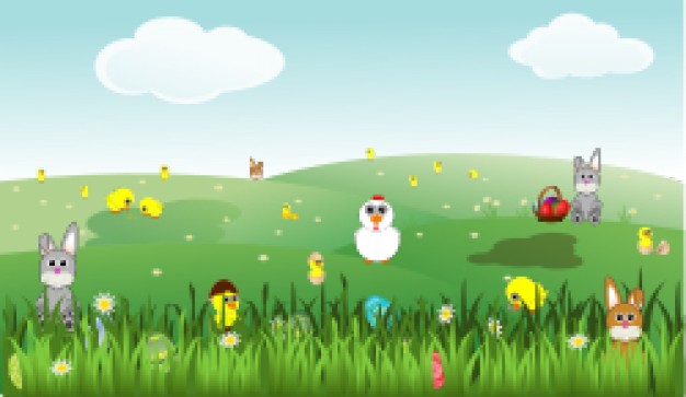 easter landscape with bunnies chicks eggs chicken flowers