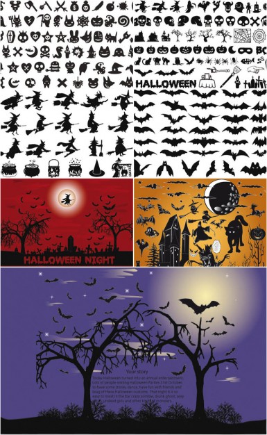 Halloween silhouettes vector with bat tree night moon owl