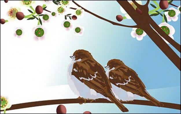 Two birds on the branch and flower