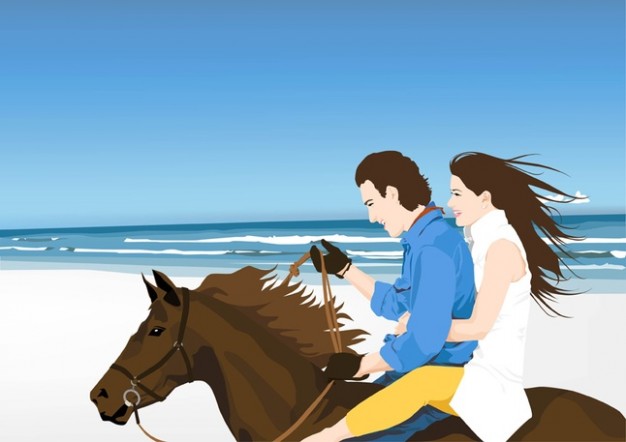 Horse Riders of lover on Beach over blue sky