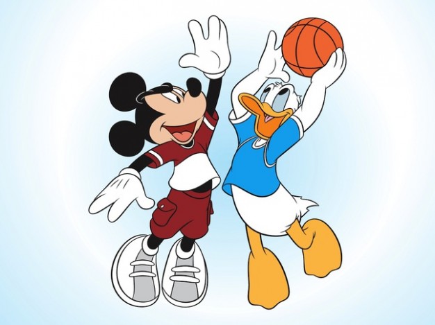 Mickey mouse and donald duck play basketball vector