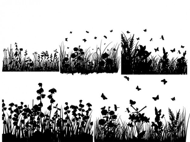 black Several grass and butterflies silhouette material
