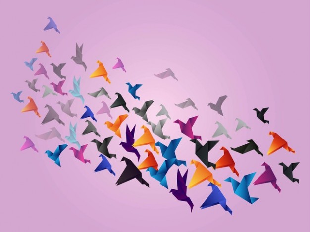 Colorful group of Origami birds with rose background