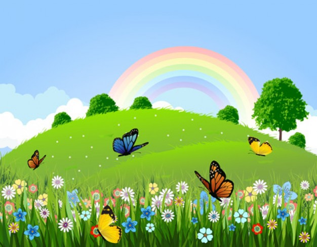 Green landscape with butterfly grass flowers rainbow Vector