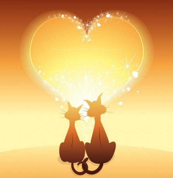 romantic lovable cats with golden sunshine heart illustrator vector