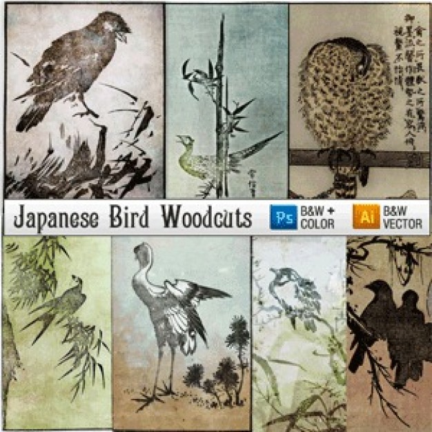 Japanese Woodcut Engravings Of Birds like crane eagle crow and bamboo pine tree