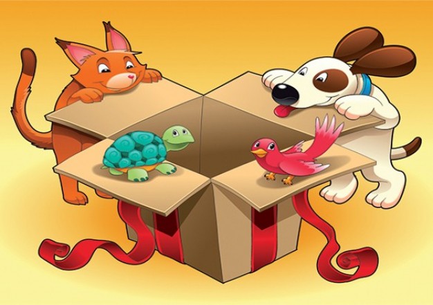 Colorful cartoon animals on gift box edge illustration