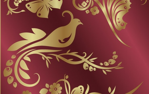 golden flowers and birds butterfly pattern with red background