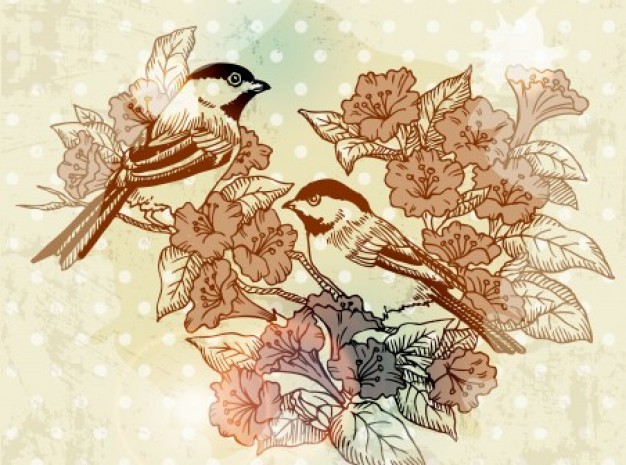 Art Sorrow bird with flower autumn backgrounds vector set