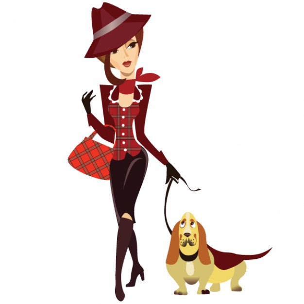 modern woman with walking dog illustration