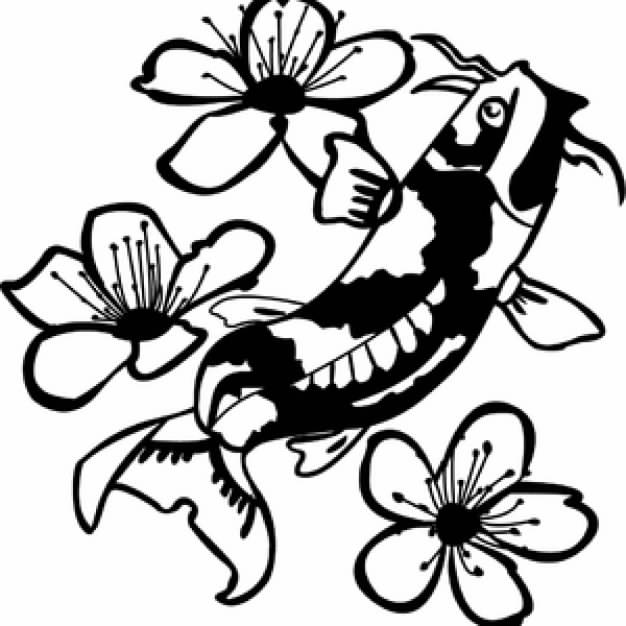 Koi Fish Among Flowers clip art in black and white