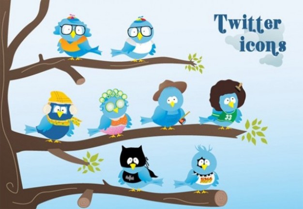Cute blue twitter birds icons of social networking