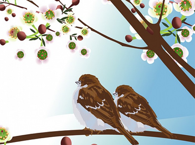 Two spring birds standing on brown branch with beautiful flowers