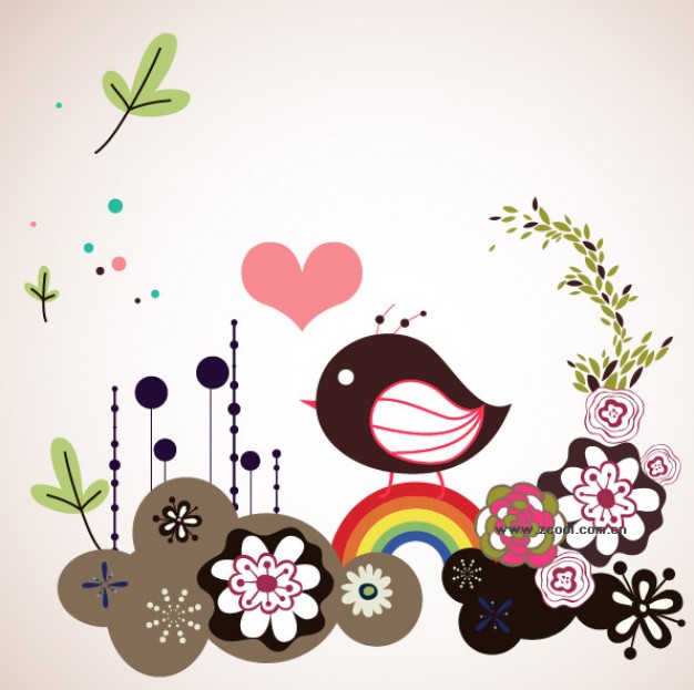 Lovely flowers bird illustrator with gray background