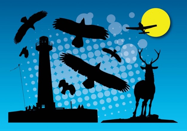 Lighthouse with flying bird plane elk silhouette Art