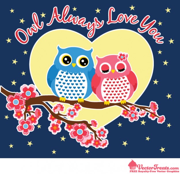 Couple Owl on flowers branch for love card