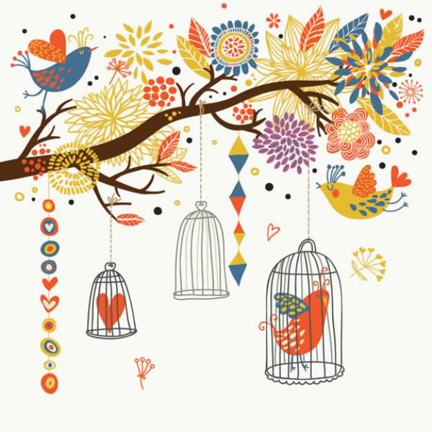 lovely bird and heart in cage or on branch