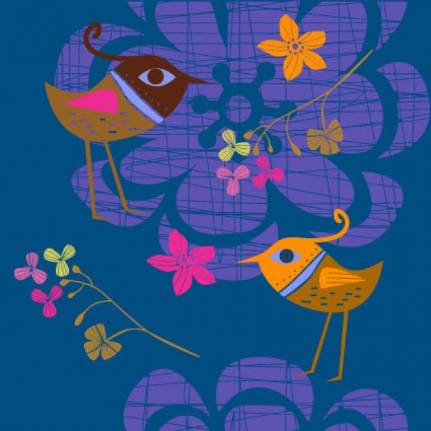 Lovely flowers and birds vector material painted by hand