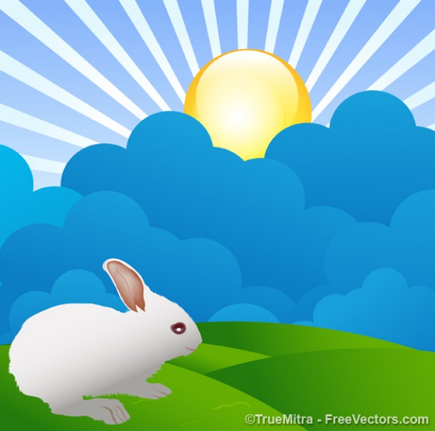 Bunny on colorful landscape with radiant and blue cloud background