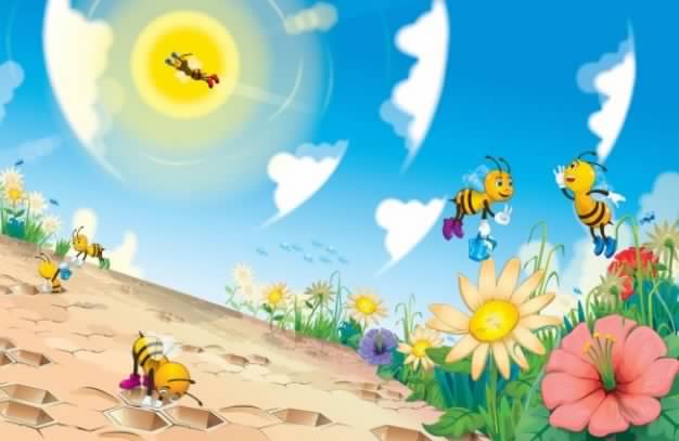Cute cartoon bee material with golden sun and white cloud