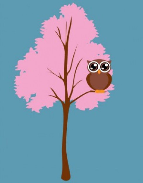Chibi owl cartoon on pink tree vector with blue background