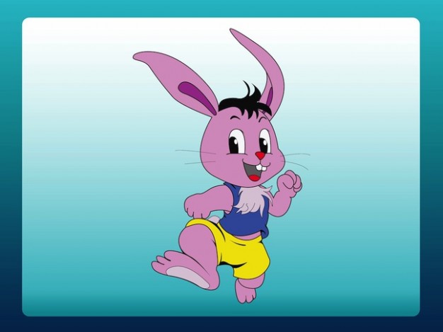 purple rabbit character with blueshirt and yellow pants