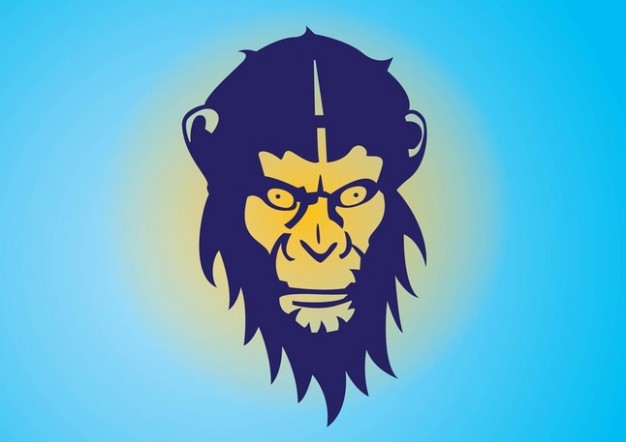 Monkey head with malicious expression over blue background