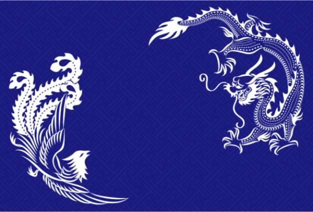 Chinese Dragon phoenix material with blue background