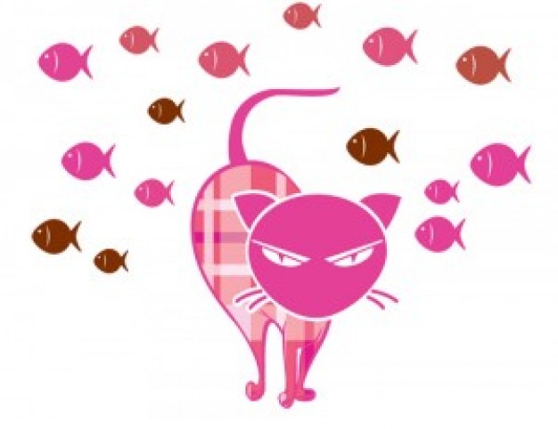 Grumpy pink cat with fishs background