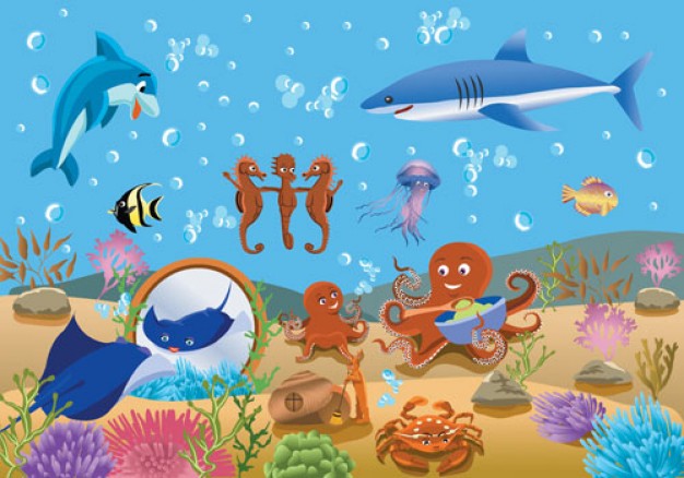 Underwater World landscape including shark squid etc