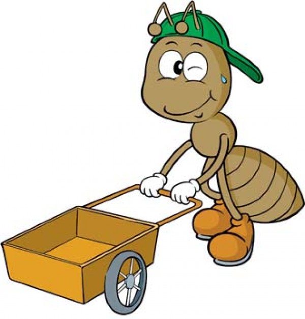 gray ant with green hat pushing the cart