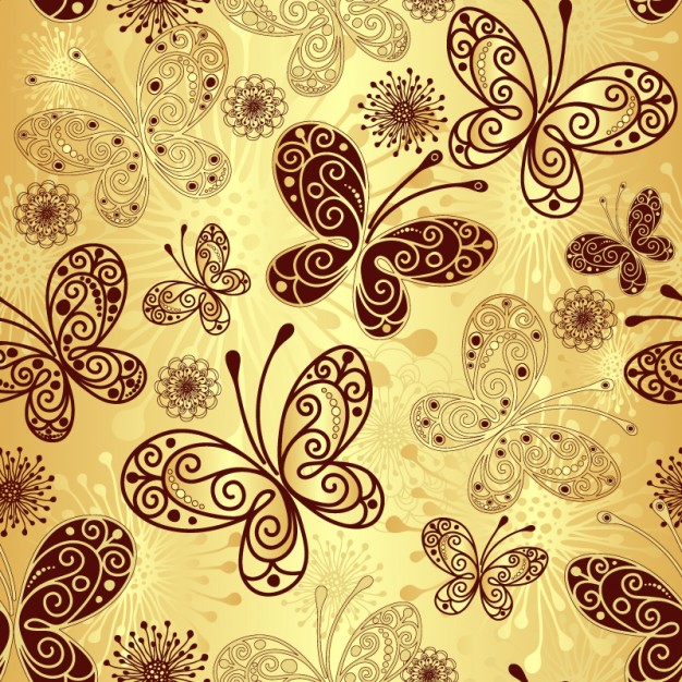 Golden butterfly with flowers pattern background vector set