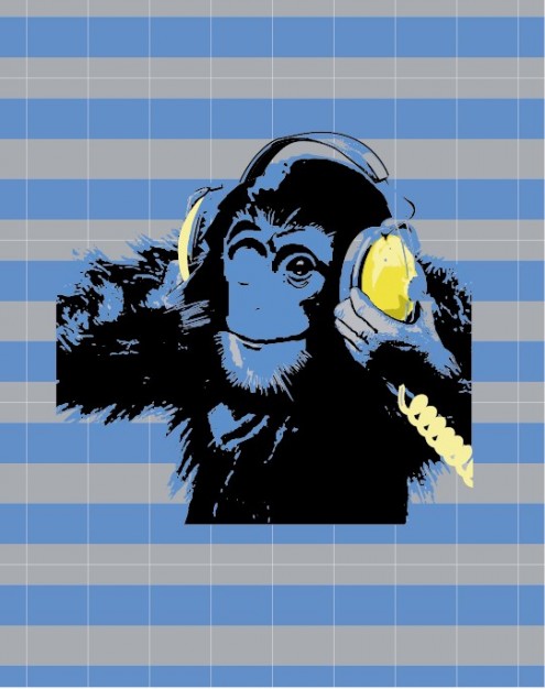 orangutan animal listening Music with earphone over blue and gray lines