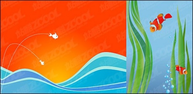 Fish illustration background material with waterwave and water grass