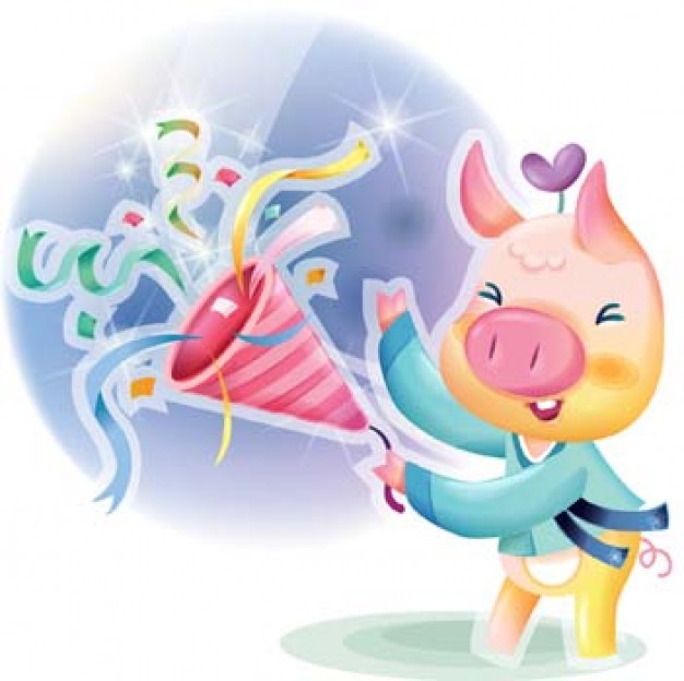 pig with colorful silk ribbons with White background
