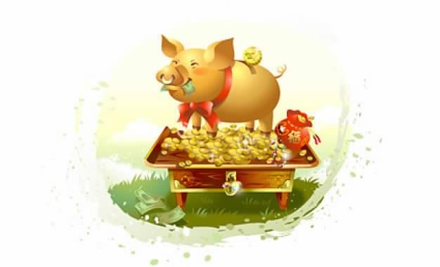 Piggy bank and golden coin of cartoon vector illustration