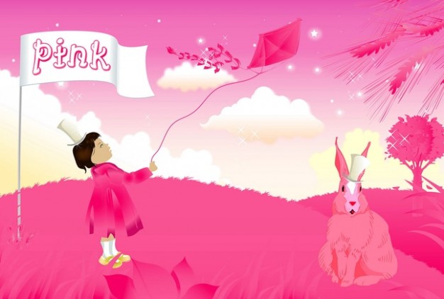 Pink World with girl playing a kite and eater rabbit