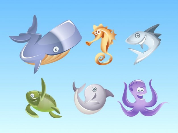 Funny cute sea animals with blue background