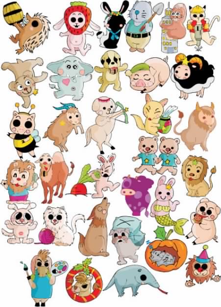 Cartoon animals including elephant monkey etc