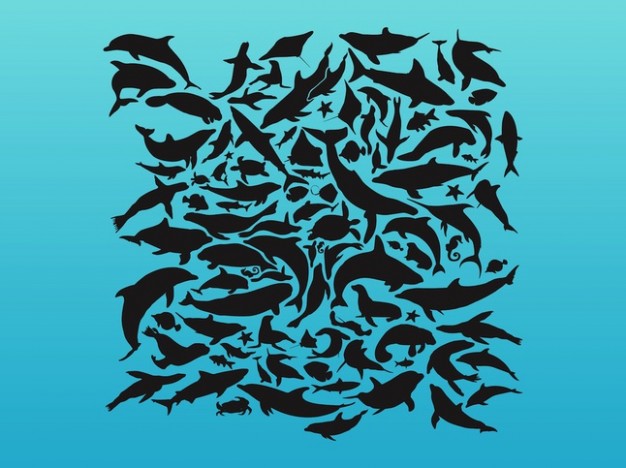 Sea animals pattern silhouettes with blue water background