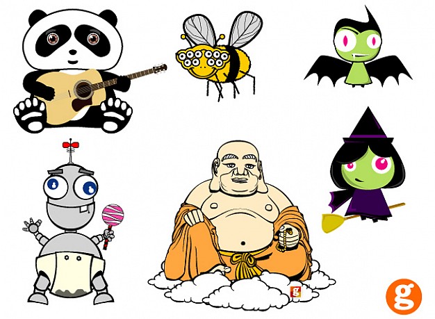 Character designs set like panda bee bird robot Buddha