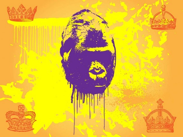 Primate orangutan with yellow splatters and Crowns background