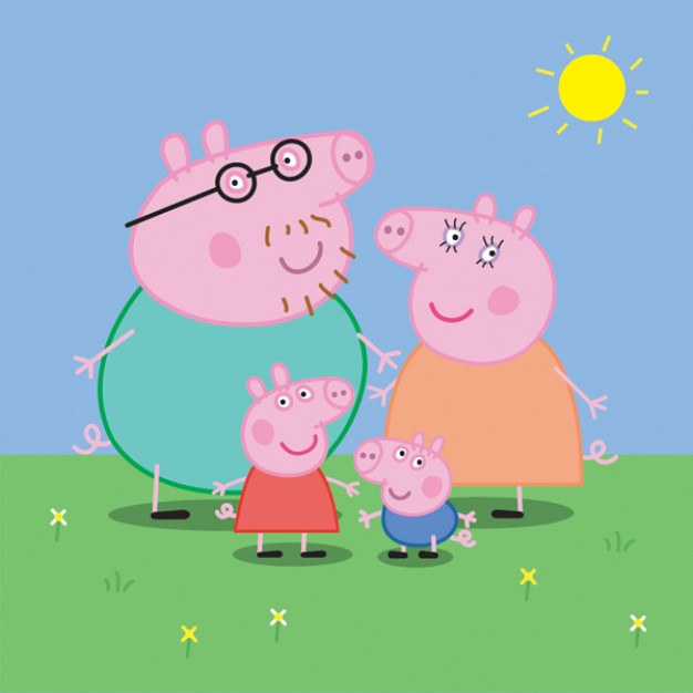 peppa pig family with greensward and sun background