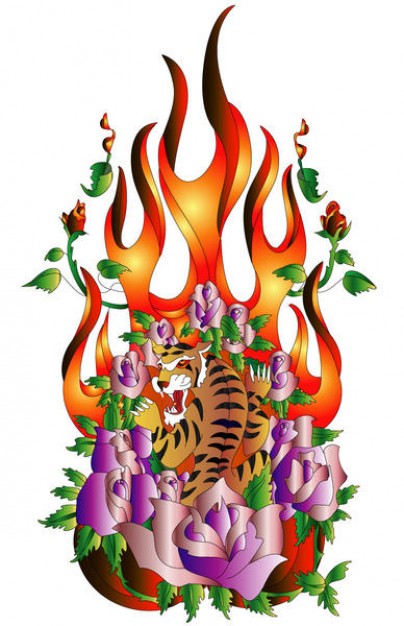 tiger on roses and flames for tattoo design
