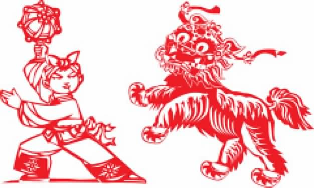 red Paper-cut lion dance vector material of Chinese style
