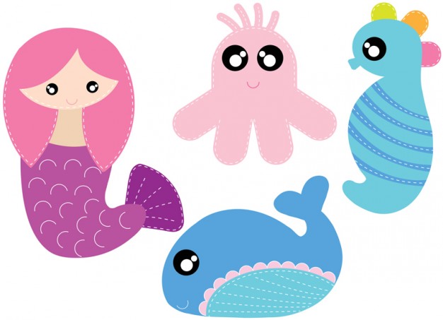 Sea cartoons set with mermaid hippocampi Whale
