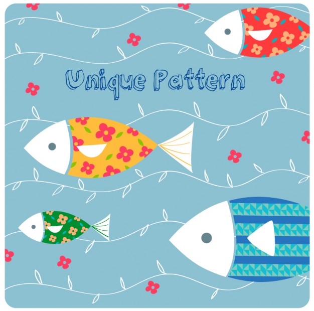 Cartoon fish material with abstract water background set